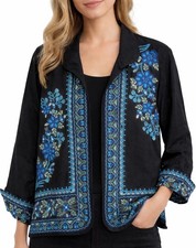 Norm Thompson Medium Petite Silk Blazer Embroidered Floral Oriental Jacket Black
