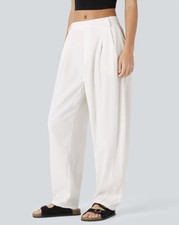 Halara Mid Rise Pocket Barrel Leg Work Pants Casual Pleated Pull On White Size S
