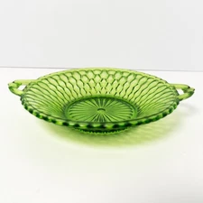 Vintage Indiana Glass Green Honeycomb Pattern 2 Handled Relish Nut Bowl
