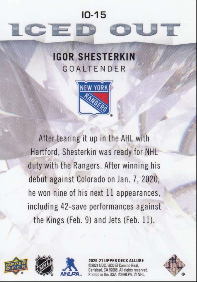 2020-21 UD Allure Hockey Iced Out Igor Shesterkin New York Rangers #IO-15 - Image 2 of 2