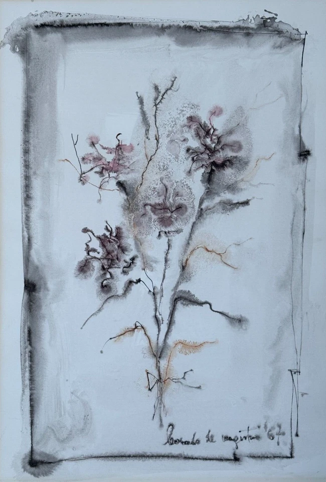 PINTURA ORIGINAL FIRMADA POR LEONARDO DE MAGISTRIS ACUARELA ABSTRACTA FLORAL 1967 Foto 2 de 4