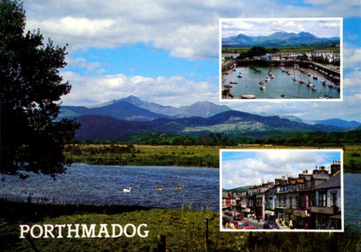 Postkarte Porthmadog Enten Mountain River Harbour High Street Gwynedd Wales RPPC
