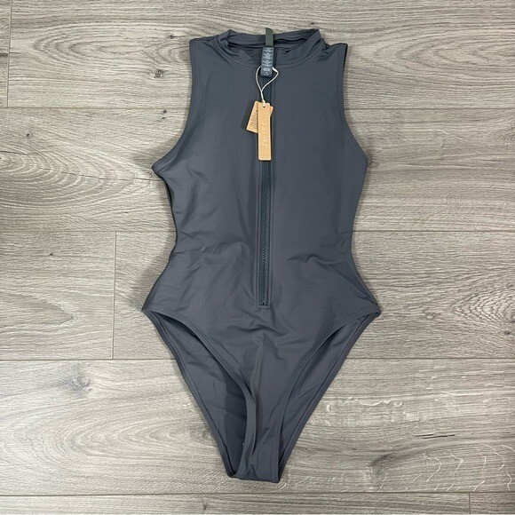 SKIMS::ワンピース[RESALE] Skims Swim Zip Front Sleeveless One Piece Swimsuit Gunmetal
