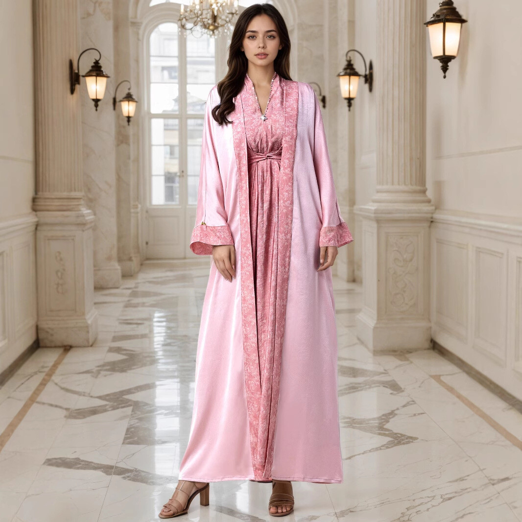 Elegant Women 2 Piece Set Dress Muslim Dubai Open Cardigan Inner Maxi Dress  Robe