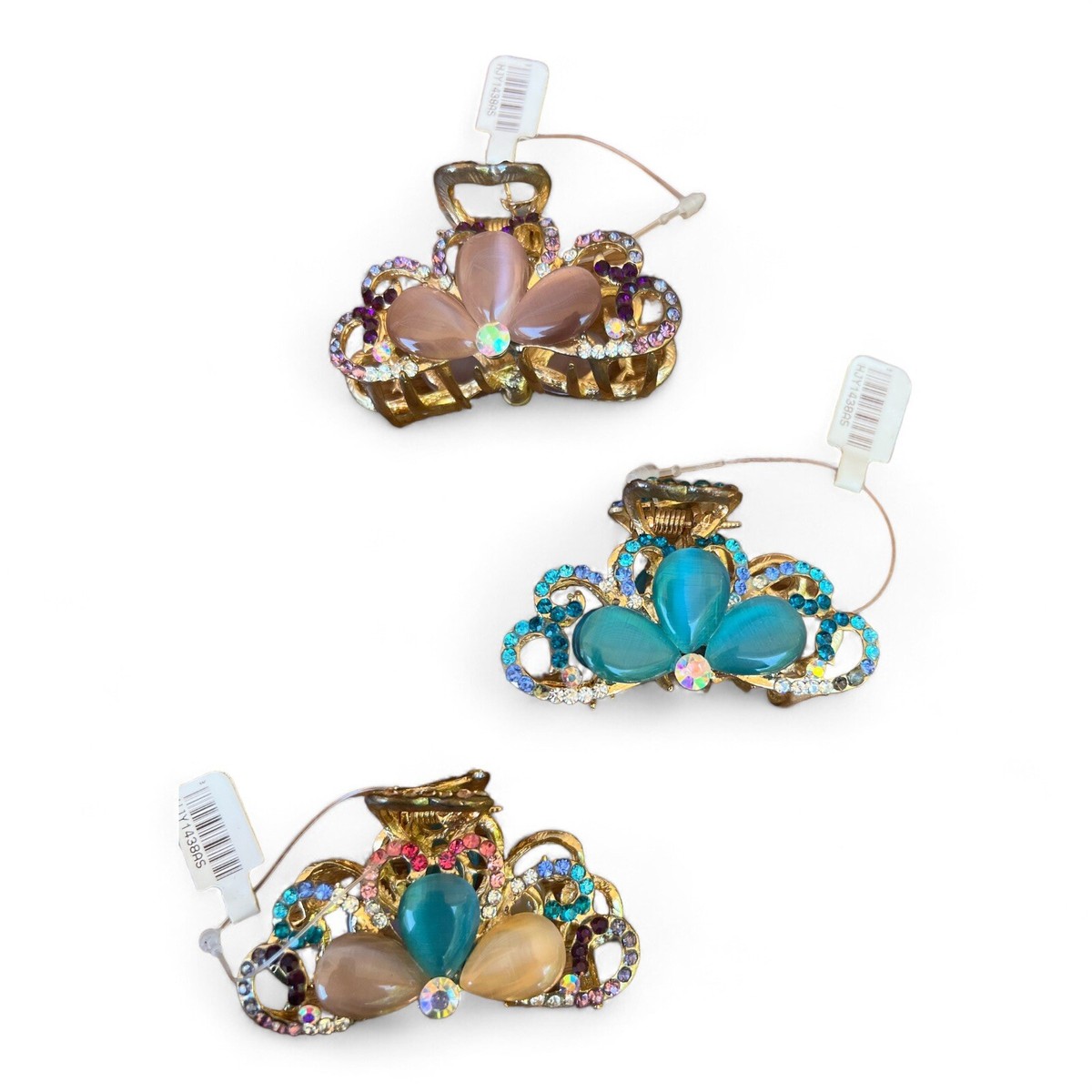 Set of 3 Gold Metal Flower Hair Claw Jaw Clips with Jewels 