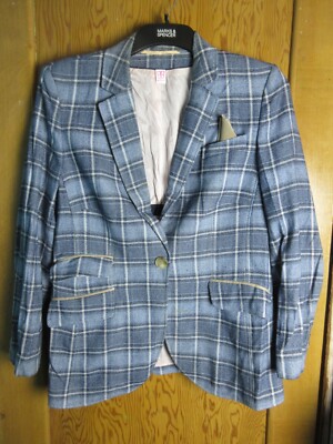 Horst Basler Damen blau kariertes Sakko mit Ellenbogen-Patches & Taschen, Größe 16