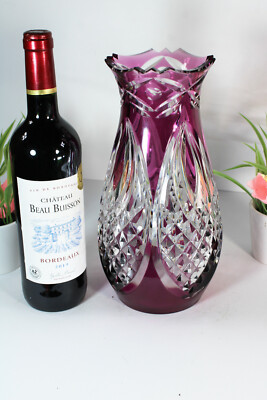 Belgian Val saint lambert doulble crystal amethyst to clear cut Vase signed 