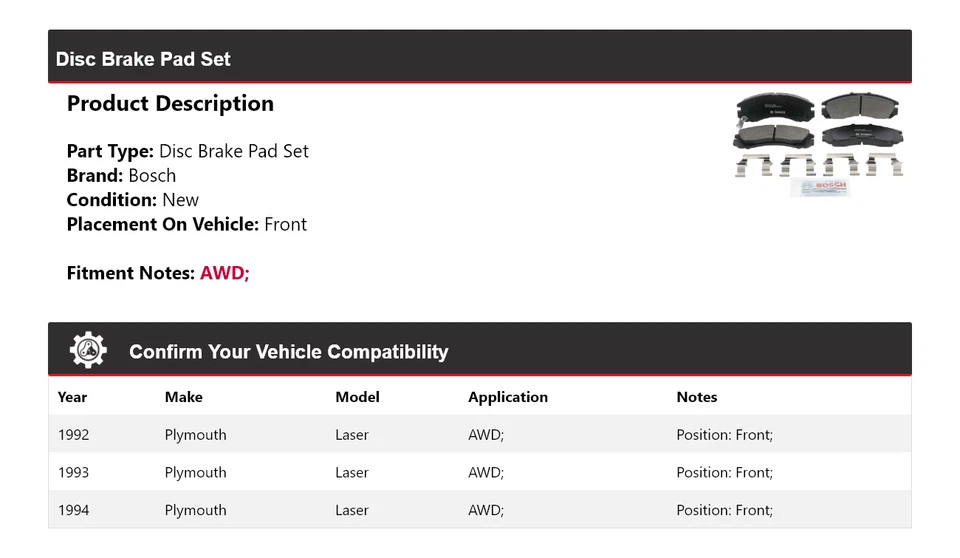 Pastillas de freno delanteras de cerámica Bosch QuietCast 1993 para 1992-1994 Plymouth Laser AWD Foto 2 de 4