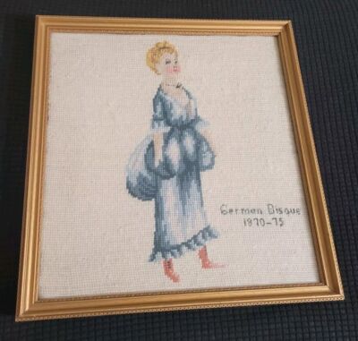 German Bisque 1870-75 Victorian Woman in Dress Needlepoint Framed 14'' x 13''