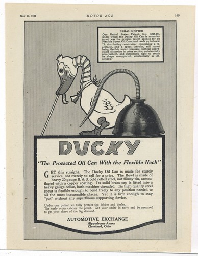 1920 Ducky Oil Can Ad: The Protected Oil Can w/ The Flexible Neck - Cleveland