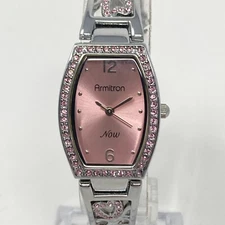 Armitron Now Watch Women Silver Tone Pink Dial Crystals Hearts New Battery 6.75"