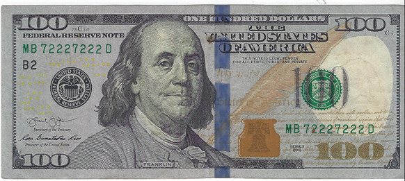 REPEATER SERIAL NUMBER FANCY 72227222 $100 ONE HUNDRED DOLLAR BILL NOTE