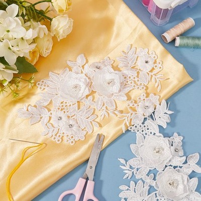 GORGECRAFT 2Pcs 3D Flower Lace Appliques White Pearl 9.41x13.43inch, 