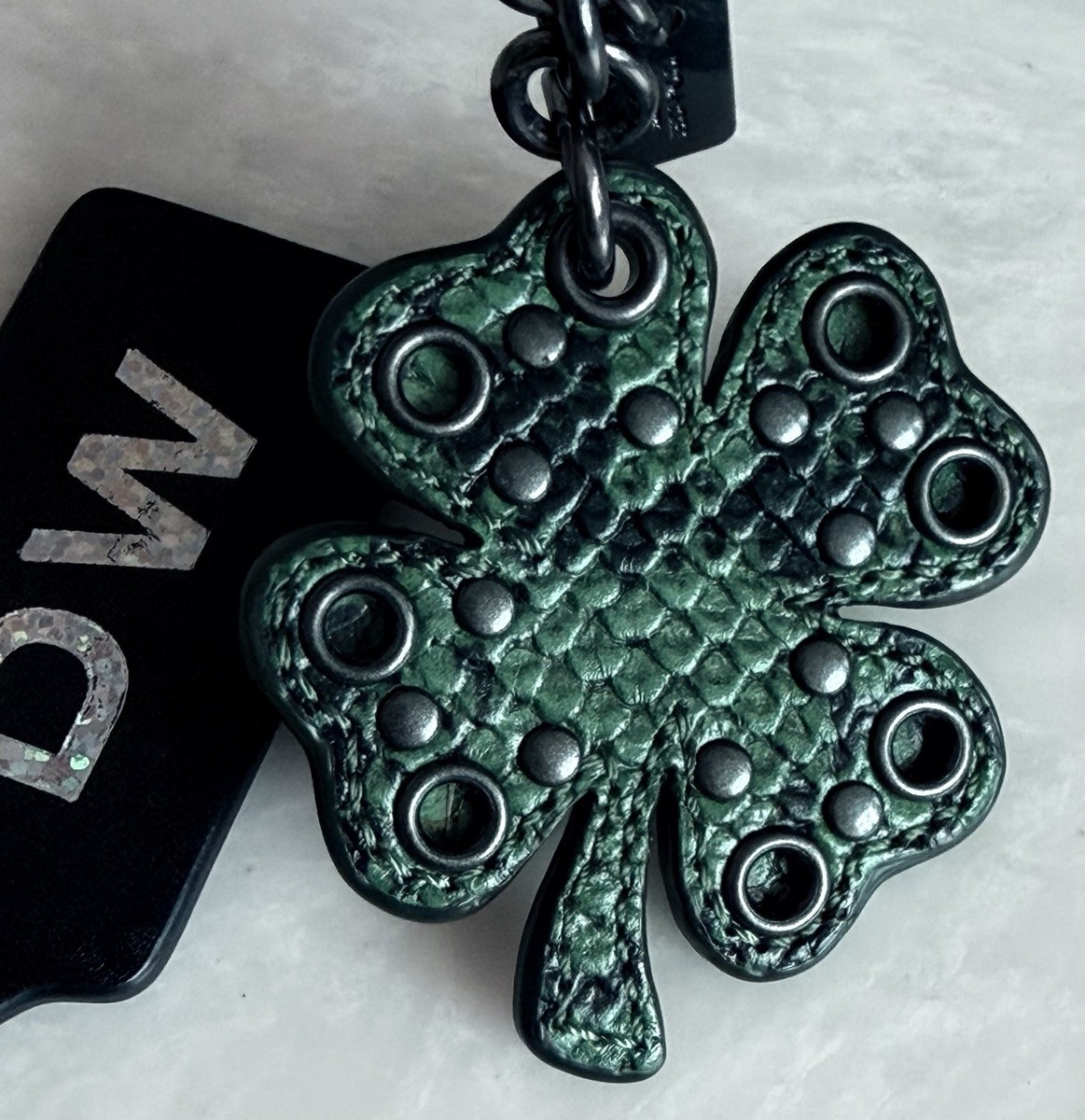NEW COACH GREEN RIVETS/STUDS SHAMROCK 4 LEAF CLOVER BAG CHARM FOB