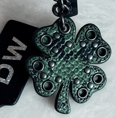 NEW COACH GREEN RIVETS/STUDS SHAMROCK 4 LEAF CLOVER BAG CHARM FOB