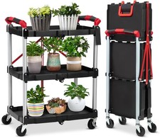 Foldable Utility Service Cart 3 Shelf 167LBS Swivel Wheels Collapsible Trolley
