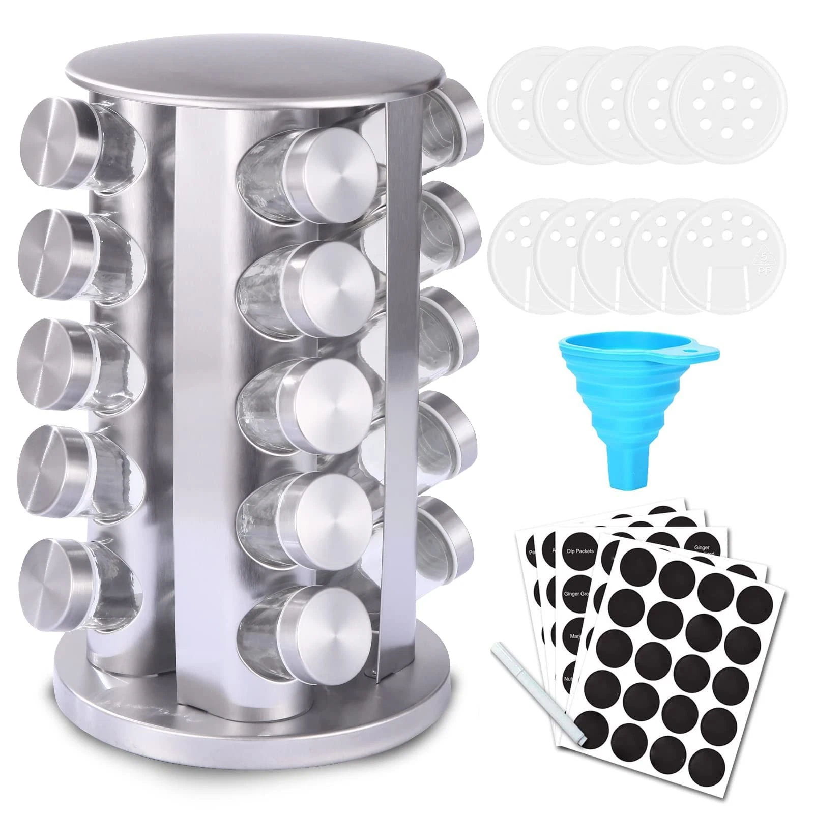 KALINCO Rotating Spice Rack Organizer Stainless Steel with 20 Glass Jars