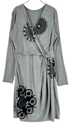 Desigual Damen V-Ausschnitt Langarm Kleid V-Neck A-Linie Größe L Grau - Bild 1 von 4
