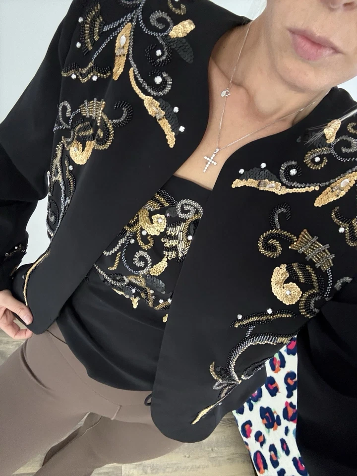 Elegante conjunto de chaqueta y top vintage Oleg Cassini negro con cuentas corbata, talla 4-6 Foto 2 de 4