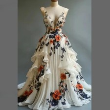 Spaghetti Strap 3D Floral Chiffon Ball Gown Ruffled Formal Evening Dress