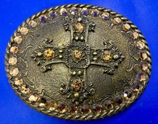 Iron Cross Orange Rhinestone Accented Gothic Vintage Oval USA made Belt Buckle