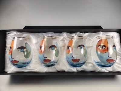 Cornet Barcelona Artistic Gaze Stemless Wine Glasses Set of 4 Abstract Face