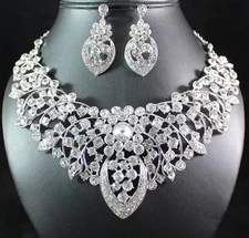 FLORAL CLEAR AUSTRIAN RHINESTONE BIB NECKLACE EARRINGS SET BRIDAL WEDDING N1637C