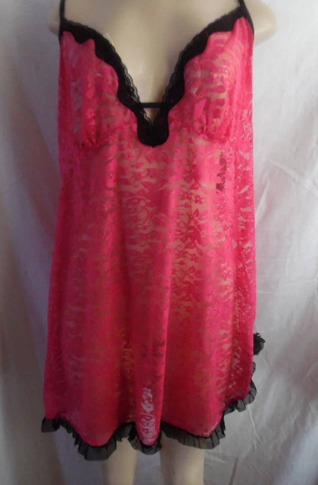 -PINK BLACK LACE BABYDOLL SPAGHETTI STRAPS CHEMISE NIGHTGOWN BRA XL 16 - 18 - Image 3 of 4