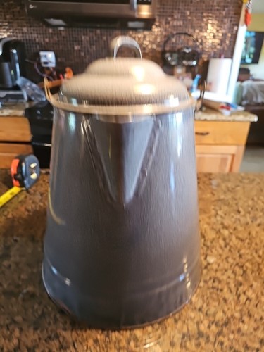 Large Grey Speckled Enamel/Graniteware Cowboy Pot W/Lid Wired Wood Handle Vntg - Picture 2 of 15