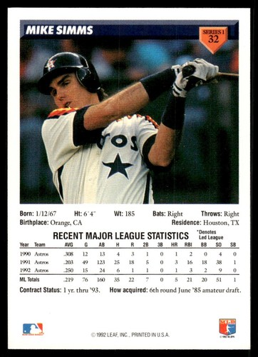 1993 Donruss Mike Simms Houston Astros #32 SEE PICS/DESC MAY BE WRONG - Picture 2 of 2