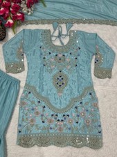 Fancy Collection Sky Blue Natural Crepe Kurta Palazzo With Dupatta For Women