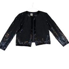 Vintage Leslie Fay Evening Womens Jacket Size Large Black Sequin Long Sleeve