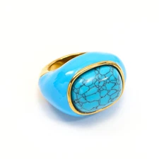 Blue Enamel & Turquoise Wedding Jewelry Ring Stainless Steel Gold Plated Ring