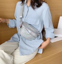 Silver Rhinestone Beaded Fanny Pack Glitter Crossbody Belt Bag Purse NWT