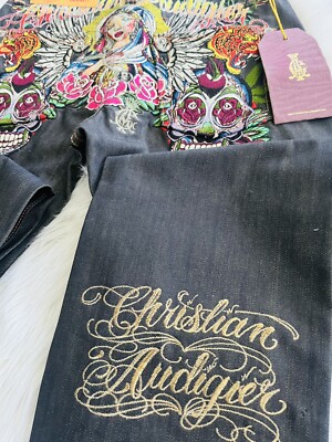 Christian Audigier Denim Pants Jeans Skulls Print Embroidered Size