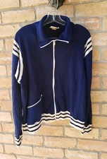 VTG 70s Winning Ways Blue Track Jacket Mens L/XL Full Zip White Stripes STAINS