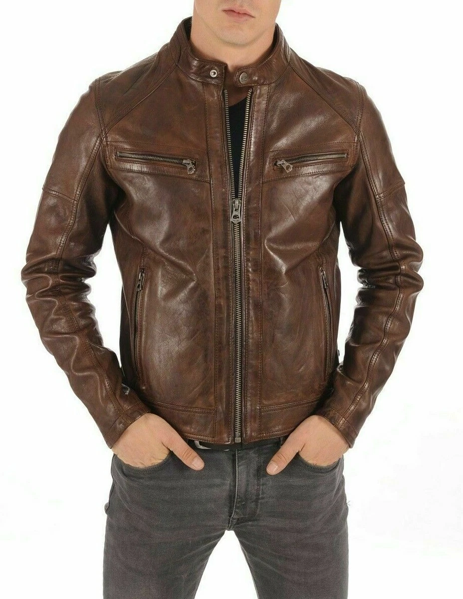 Men's Vintage Antique Brown Jacket Real Lambskin Distressed Leather Biker Jacket