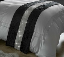 Diamante & Crushed Velvet Bed Runner & Cushion Cover Sparkle Sets Black & Silver