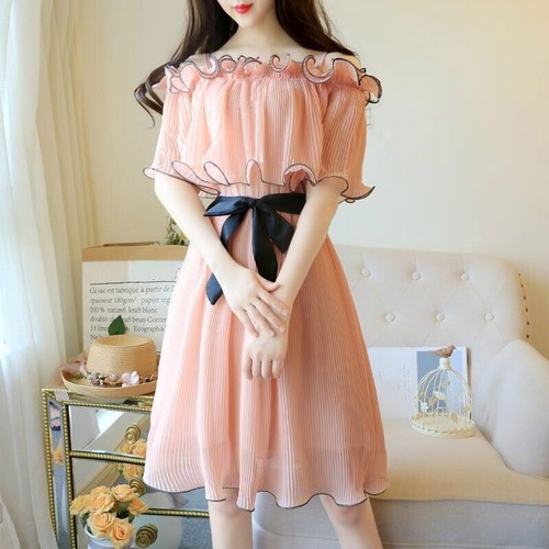 Women's Summer Off Shoulder Dress Chiffon Ruffle Fairy Casual Lace Up  Skirts | eBay
