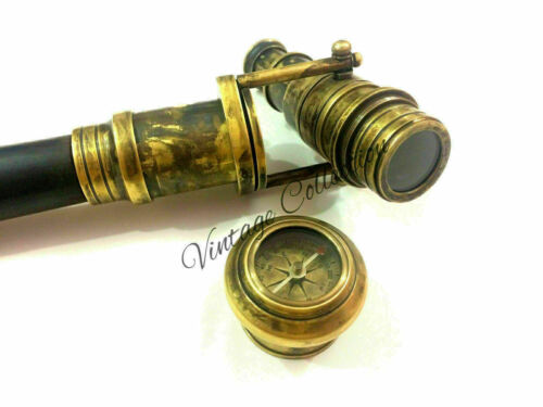 Viktorianisches Spionageteleskop & antiker Kompass Messinggriff Holz Gehstock Stock - Bild 1 von 5