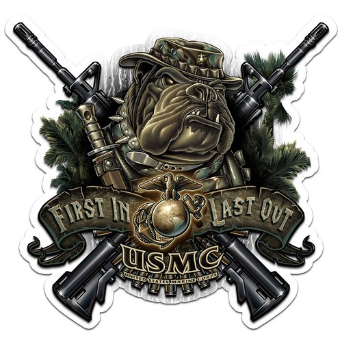 USMC Marine Corps Devil Dog First in Last Out Decal Sticker - Photo 1 sur 5