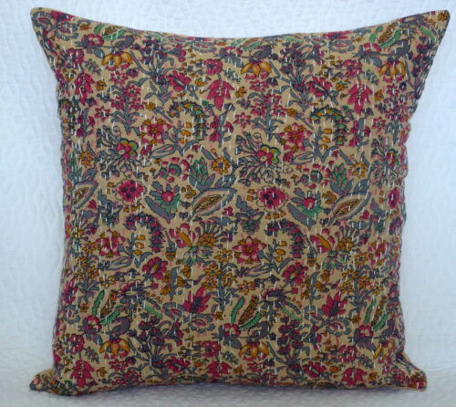 16" INDIAN KANTHA CUSHION COVER FLORAL PRINTED THROW COTTON SOFA DECOR PILLOW  - Picture 1 of 4