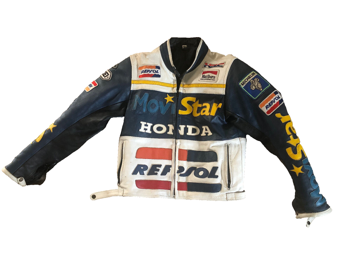 blouson moto cuir HONDA MOVISTAR MARLBORO vintage 80'S rare collector  taille S