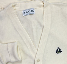 Vtg 80s IZOD Cardigan Sweater Ivory White 100 Acrylic Logo LARGE Grandpa