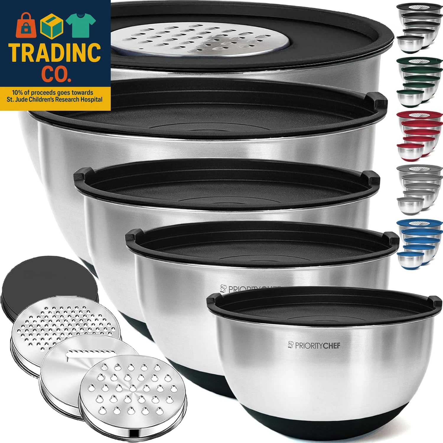 Stainless Steel Mixing Bowls with Lids Set, 3 Grater Attachments, Airtight Lids,