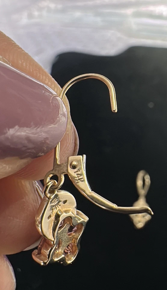 14k Gold Lever Back Earrings Dangle Pink Stones Mark Estate Jewelry 3.30 Grams - Image 4 of 4