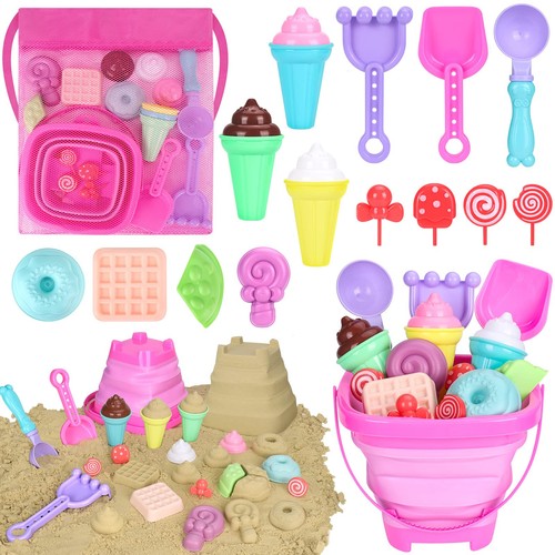 Collapsible Beach Toys Set for Toddlers Girls, Collapsible Sand Bucket and Sh...