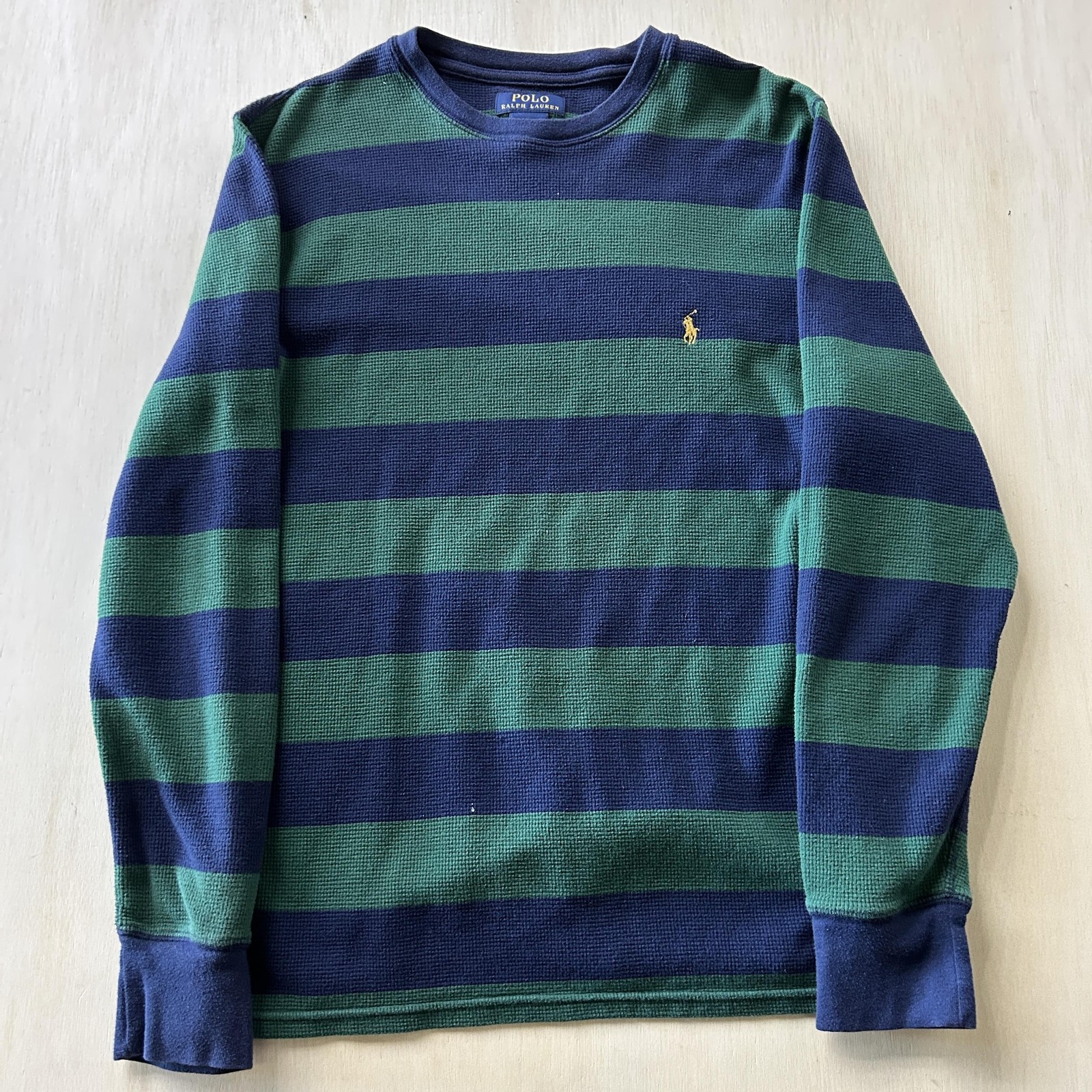 Polo Ralph Lauren Sweater Mens Large Blue Green Striped Thermal Knit Crewneck