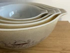 HTF VINTAGE PYREX FOREST FANCIES MUSHROOM NESTING MIXING BOWLS, SET OF 4