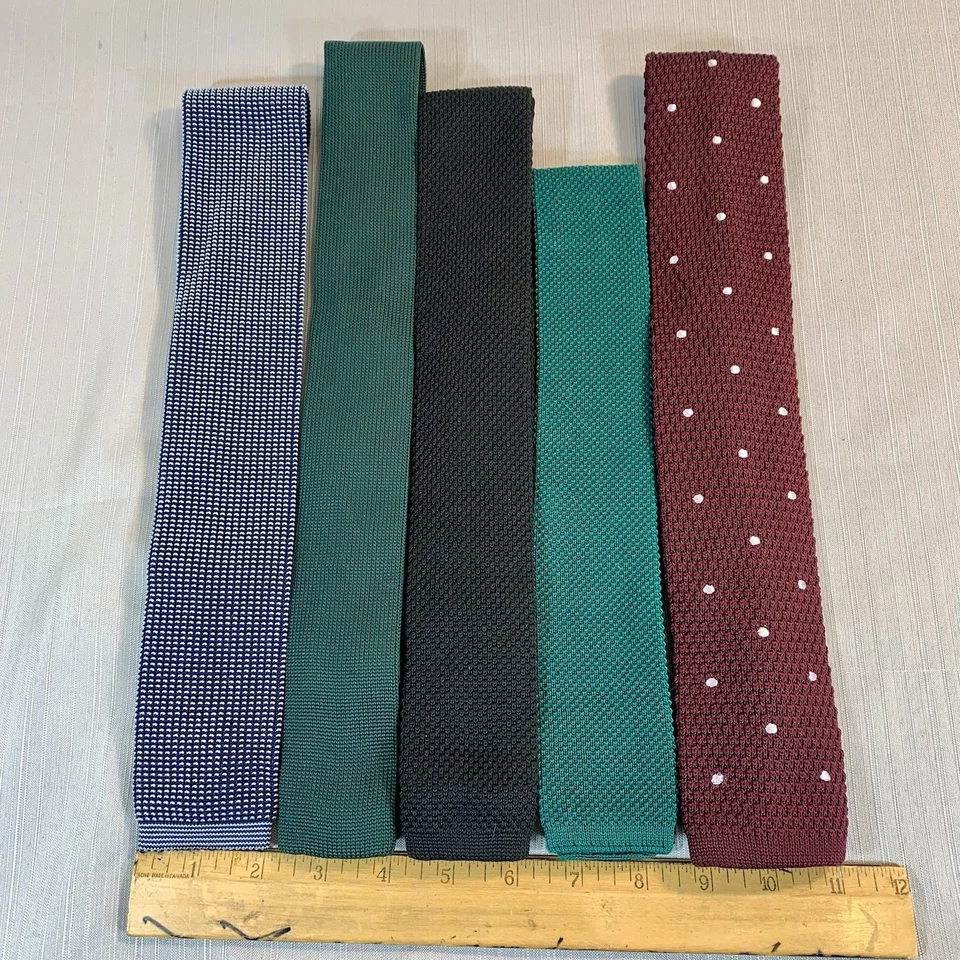 Lot Of 5 Ties Square Tip Tube Sock Mens Neck Tie Wool Cotton Solid Polka Dot - Image 2 of 4